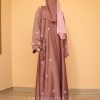 Full-length gown with small embroidered bows on the front, simple silhouette